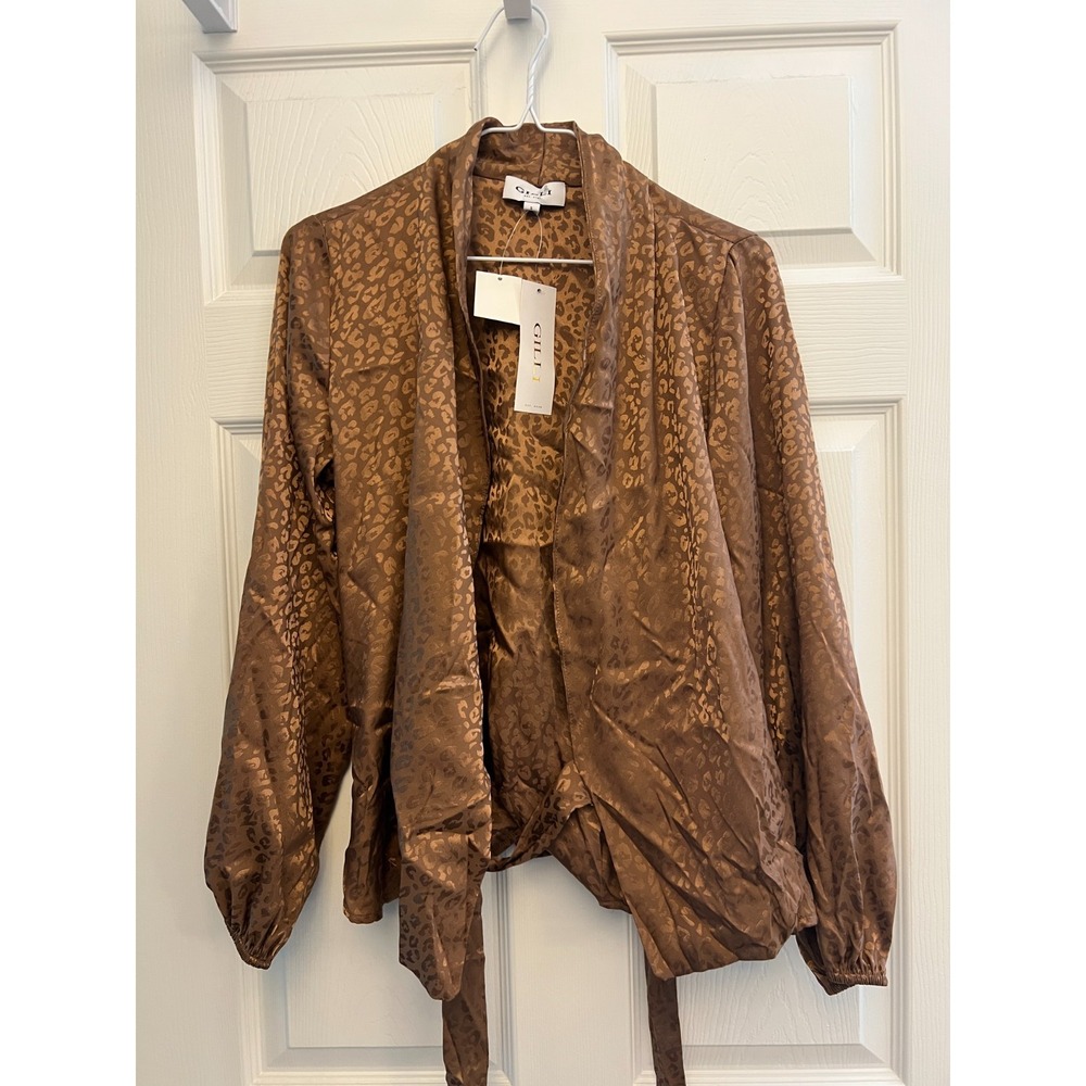 Gilli Animal Print Blazer Women's Small Brown‎ Satin Tie Waist Office Casual NWT